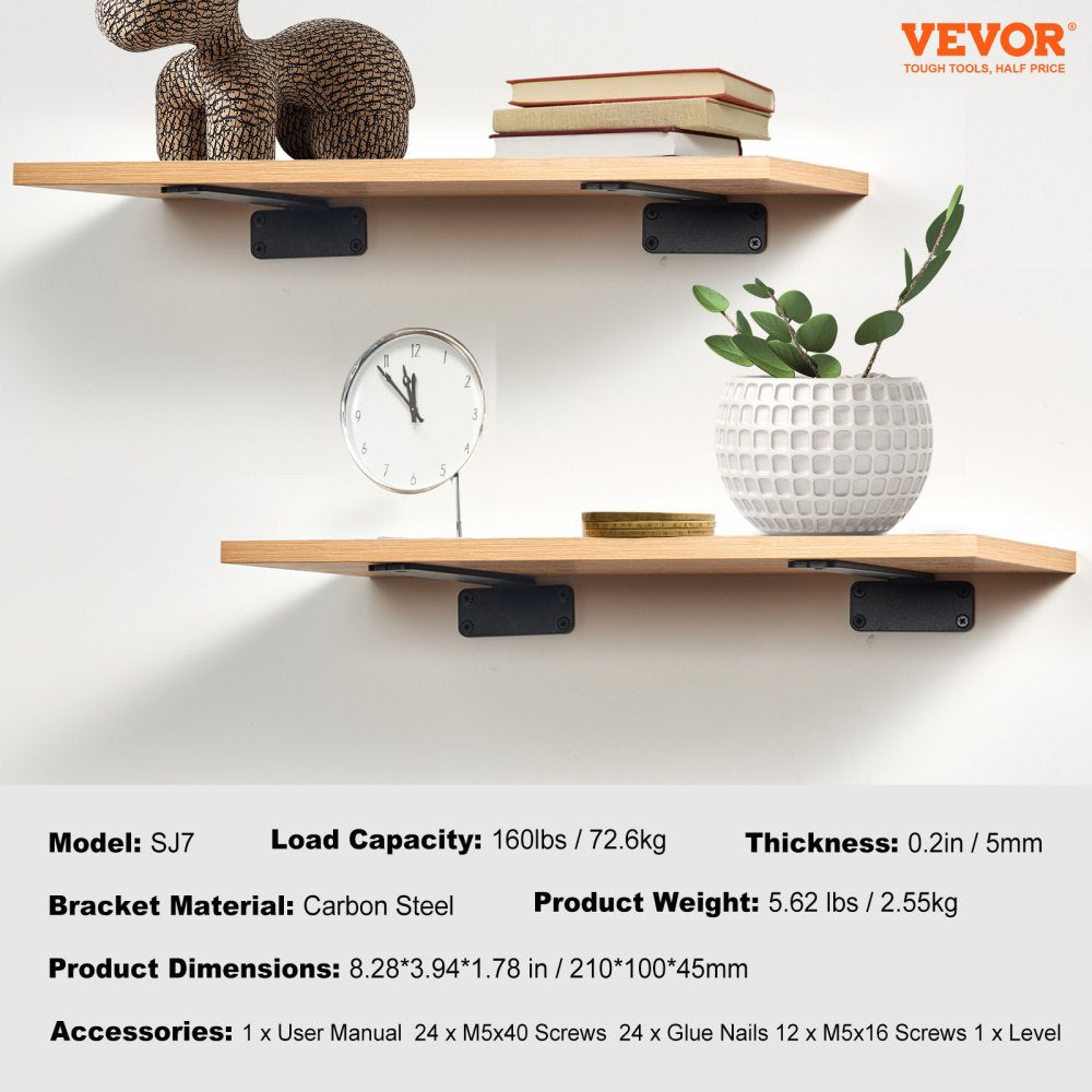 VEVOR Shelf Bracket, 8”L x 4”W x 1.6”H 6 Pcs, Heavy Duty Floating Shelf Brackets, Brackets for Shelves, 5mm Thick Matte Black L Shelf Bracket,Steel Shelving Brackets with 160 lbs Load Capacity