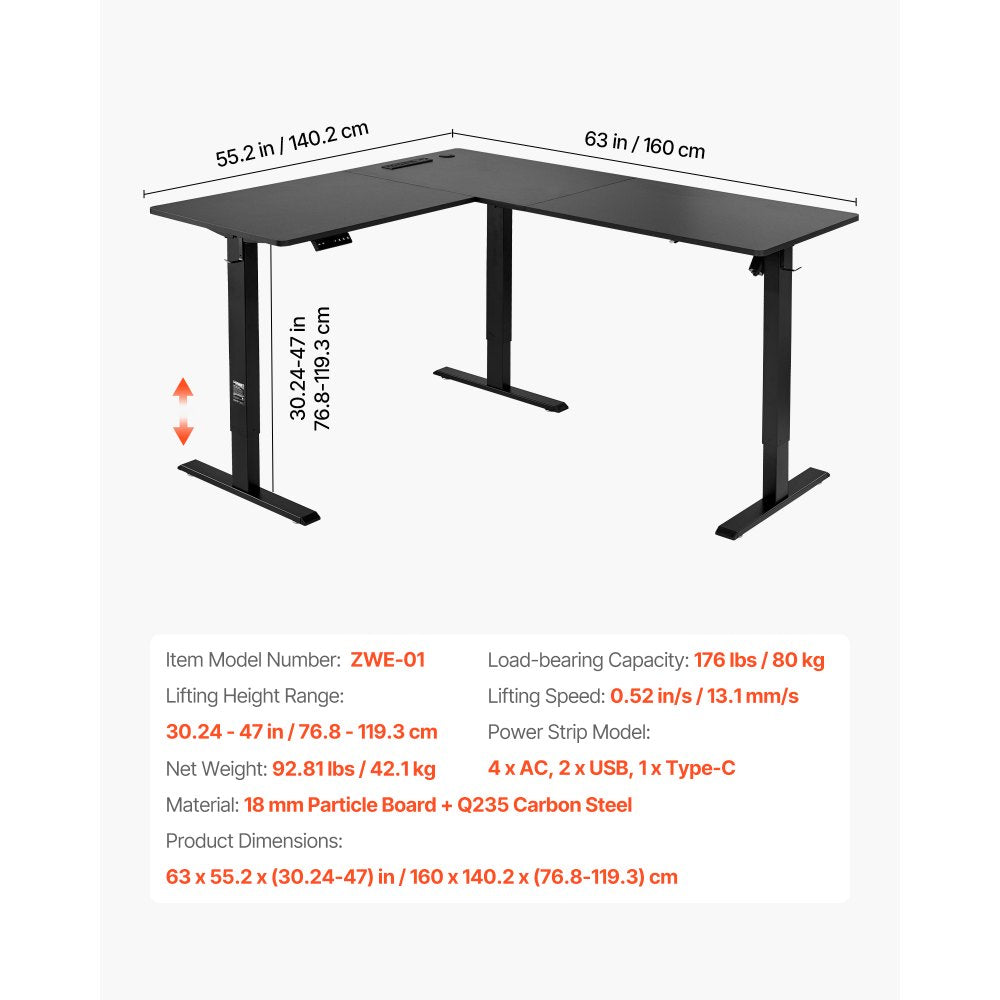 VEVOR L Shaped Desk dimension diagram and key specifications