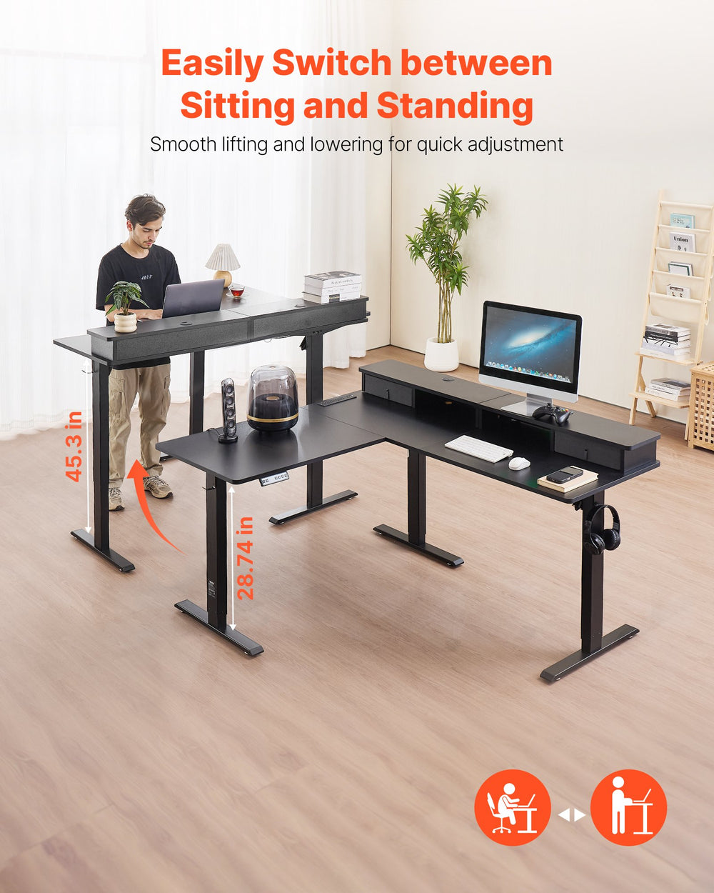 VEVOR L-shaped electric desk - easily switch between sitting and standing