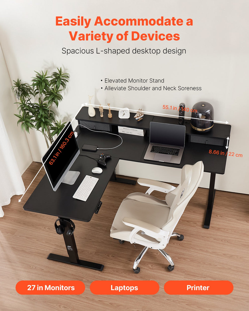 VEVOR L-shaped electric desk - spacious desktop for multiple devices (dimensions shown)