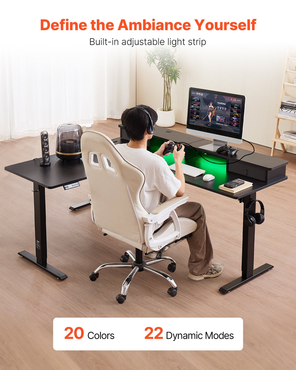 VEVOR L-shaped electric desk - built-in adjustable LED light strip (20 colors, 22 modes)