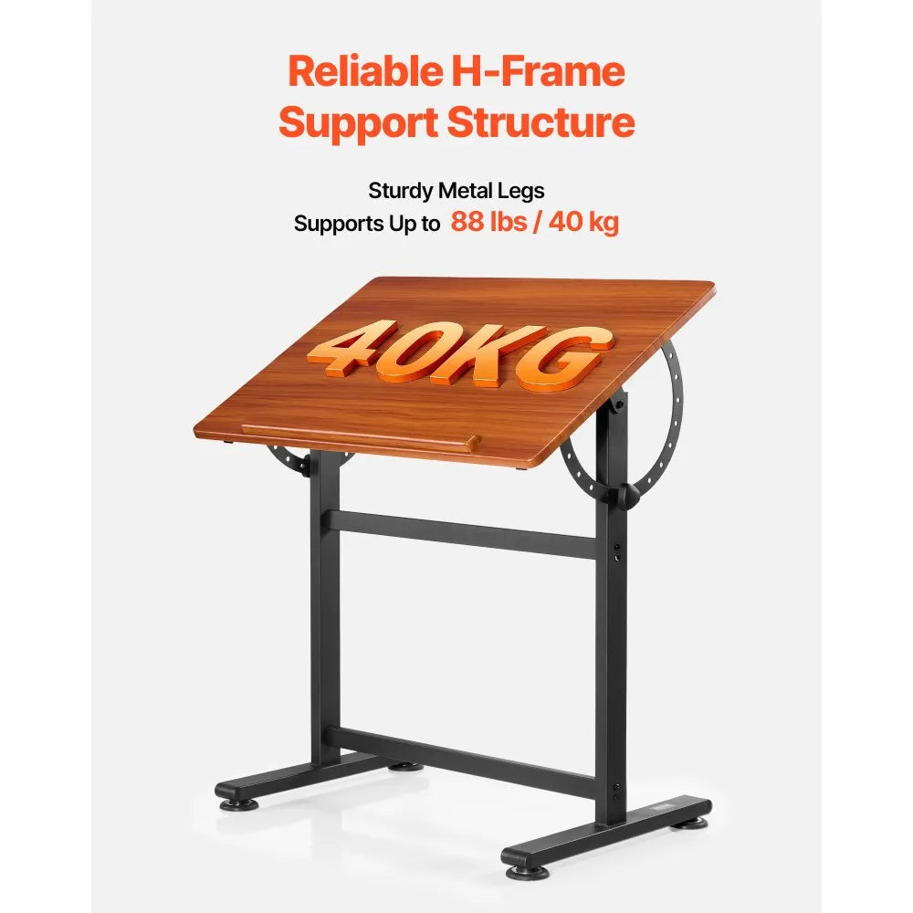 VEVOR Drafting Table, Adjustable 0°–90° Tilt Drawing Desk, Portable Artist Table with Black H-Frame and Brown Desktop, Wooden Painting Desk Craft Workstation for Reading, Writing, Crafting, Meeting