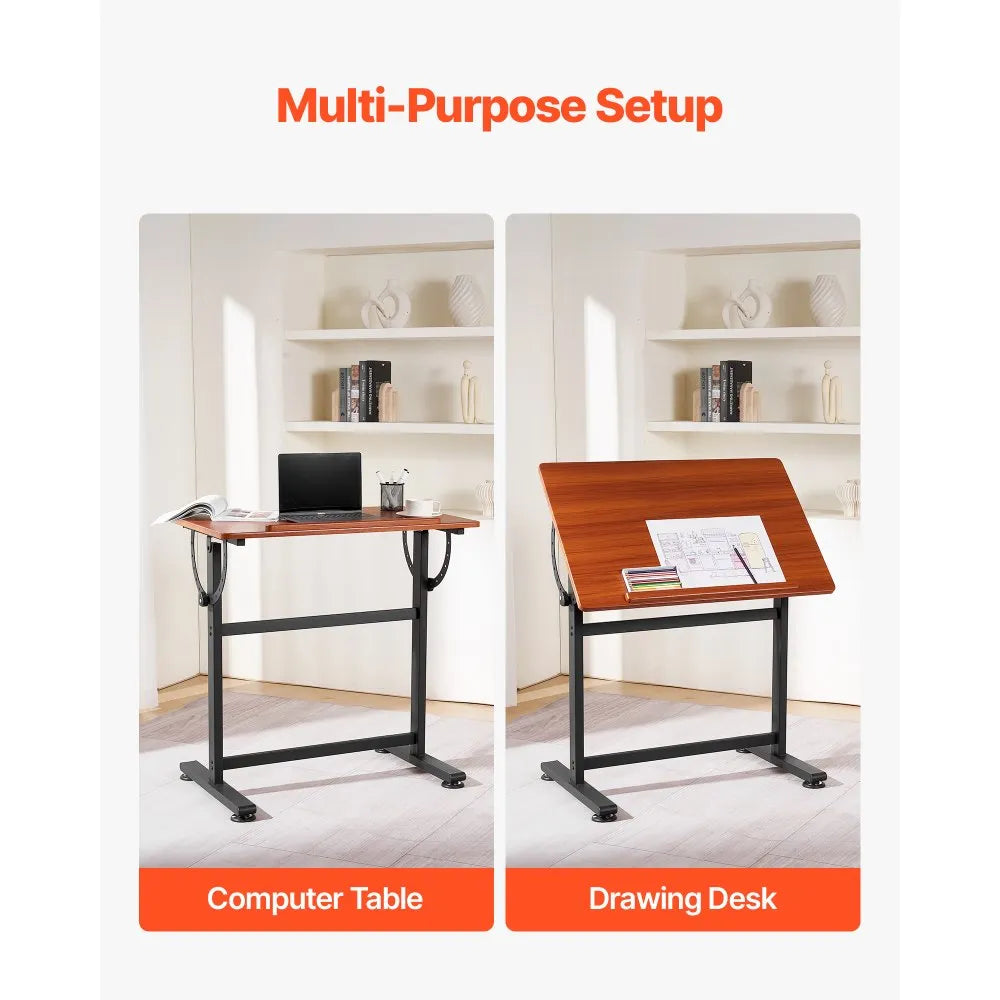 VEVOR Drafting Table, Adjustable 0°–90° Tilt Drawing Desk, Portable Artist Table with Black H-Frame and Brown Desktop, Wooden Painting Desk Craft Workstation for Reading, Writing, Crafting, Meeting