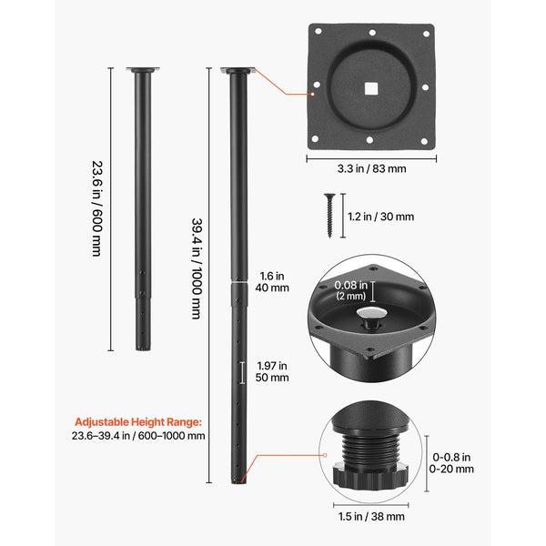 Vevor Table Legs Adjustable Round Steel Furniture Legs 24-40