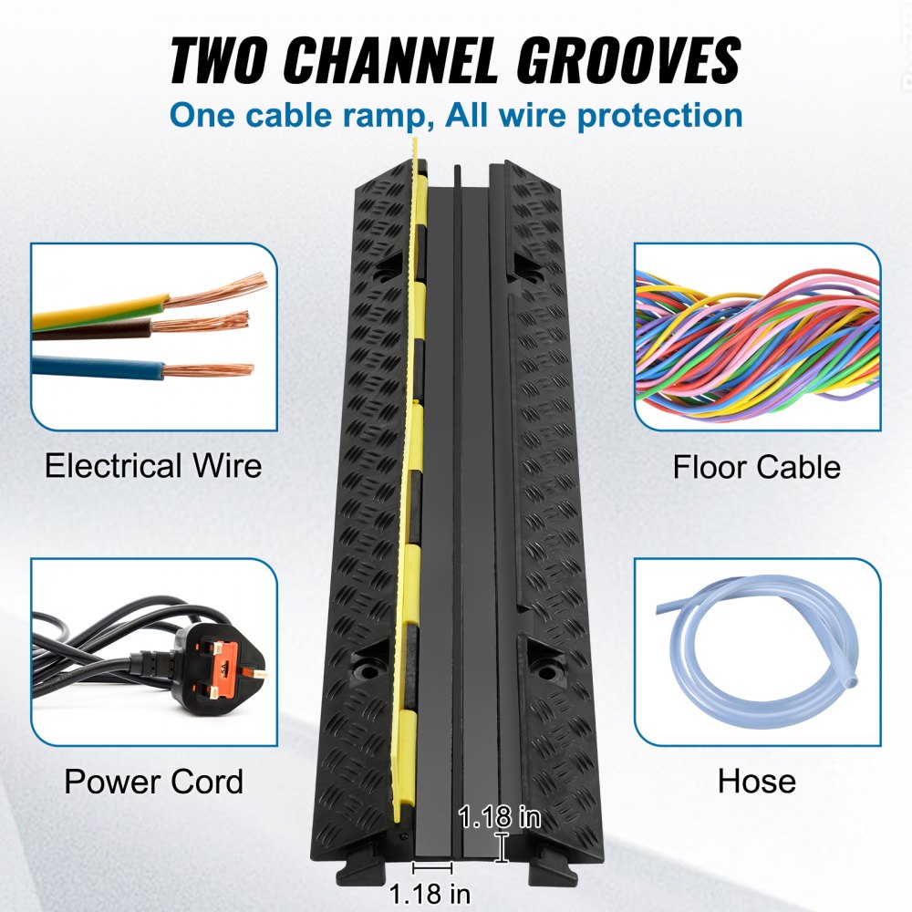 VEVOR 5-Piece Rubber Cable Guard, Dual Channel, 12000 lbs per Axle Load Capacity, Durable Hose & Wire Protection Ramp for Driveways, with Easy Access Top & 50 ft Caution Tape for Both Indoor & Outd