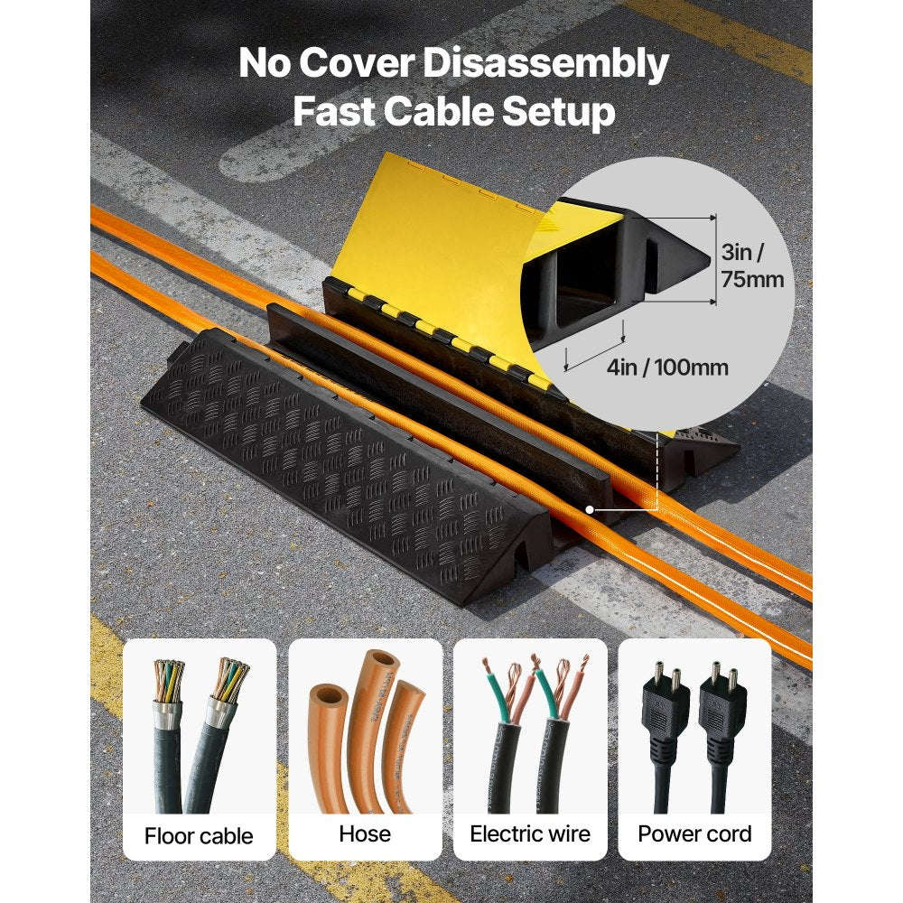 VEVOR Cable Protector Ramp, 22,000 lbs/axle Capacity, 2 Channel Heavy Duty Rubber Cord Hose Wire Cover, 4 x 3 in Channel, Traffic Speed Bump with Flip-Open Top Cover, for Indoor Outdoor Use, 1 Pack