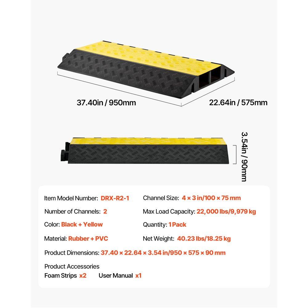 VEVOR Cable Protector Ramp, 22,000 lbs/axle Capacity, 2 Channel Heavy Duty Rubber Cord Hose Wire Cover, 4 x 3 in Channel, Traffic Speed Bump with Flip-Open Top Cover, for Indoor Outdoor Use, 1 Pack