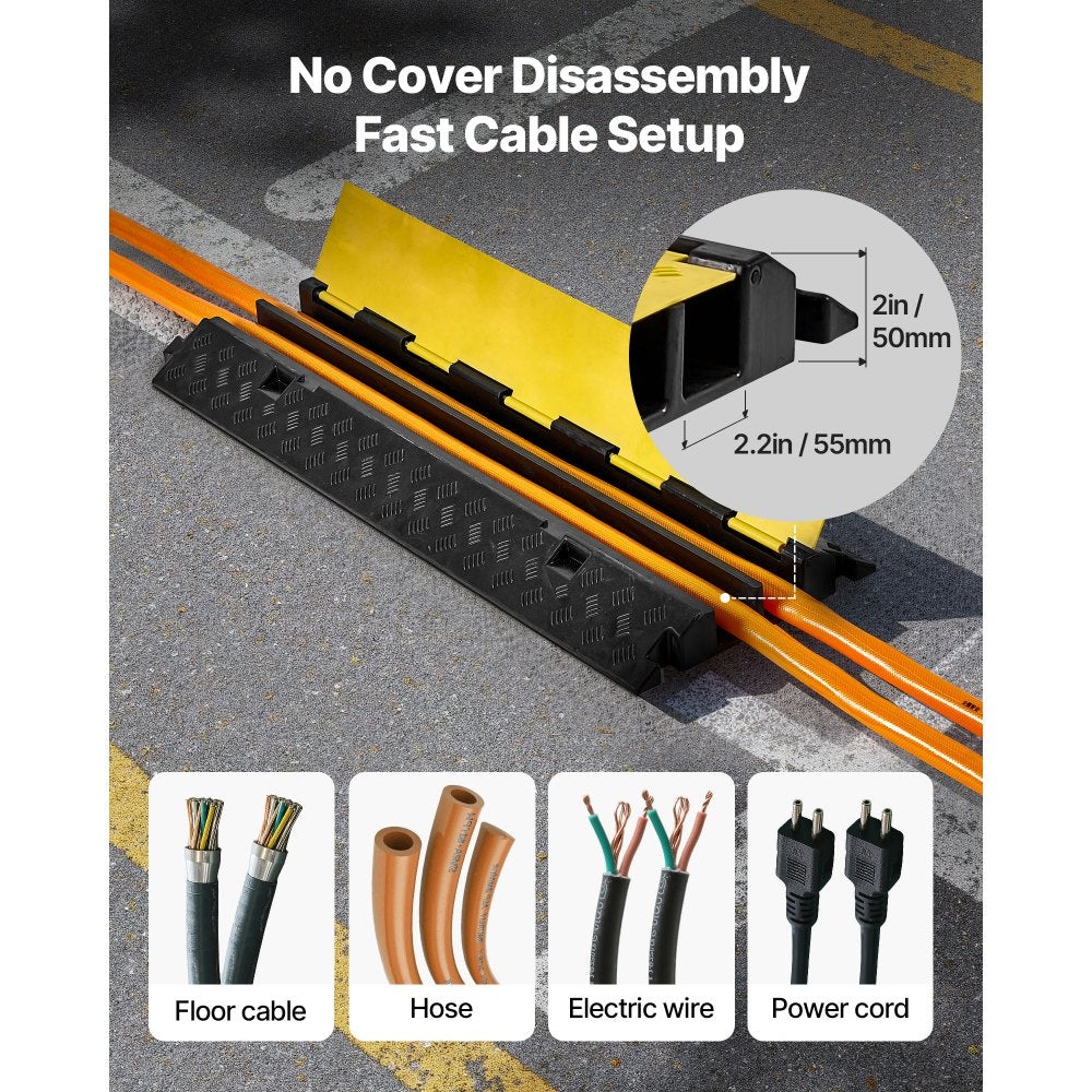 VEVOR Cable Protector Ramp, 22,000 lbs/axle Capacity, 2 Channel Heavy Duty Rubber Cord Hose Wire Cover, 2.2 x 2 in Channel, Traffic Speed Bump with Flip-Open Top Cover, for Indoor Outdoor, 1 Pack