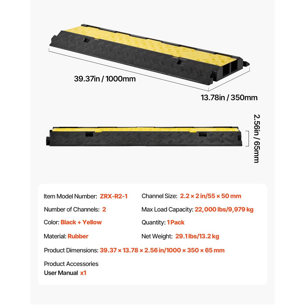 VEVOR Cable Protector Ramp, 22,000 lbs/axle Capacity, 2 Channel Heavy Duty Rubber Cord Hose Wire Cover, 2.2 x 2 in Channel, Traffic Speed Bump with Flip-Open Top Cover, for Indoor Outdoor, 1 Pack