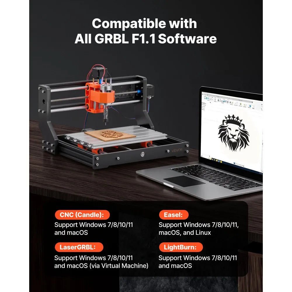 VEVOR 3018 CNC Router Machine, 60W Spindle, 3-Axis Wood Engraving Milling Machine, with 300 x 180 x 40 mm Working Area, Aluminum Alloy Structure, for Wood Acrylic Carving Cutting