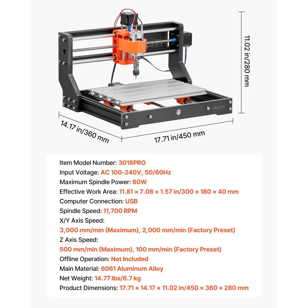 VEVOR 3018 CNC Router Machine, 60W Spindle, 3-Axis Wood Engraving Milling Machine, with 300 x 180 x 40 mm Working Area, Aluminum Alloy Structure, for Wood Acrylic Carving Cutting