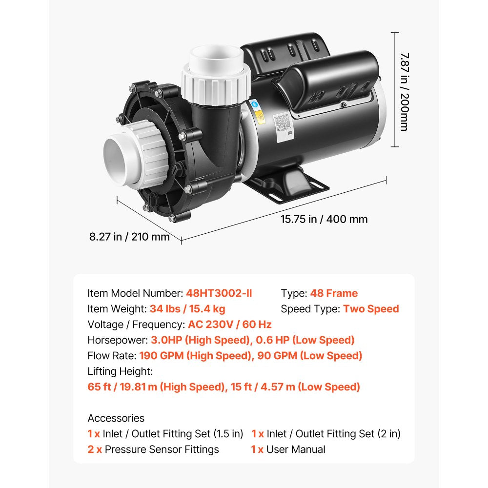 VEVOR SPA Pump 3HP Hot Tub Pump 2 Speed 48 Frame with 1.5" & 2" Port, 230V, 190 GPM High Speed & 90 GPM Low Speed, 90° Rotational Interface, SPA Bath Water Circulation, Compatible with OEM Models