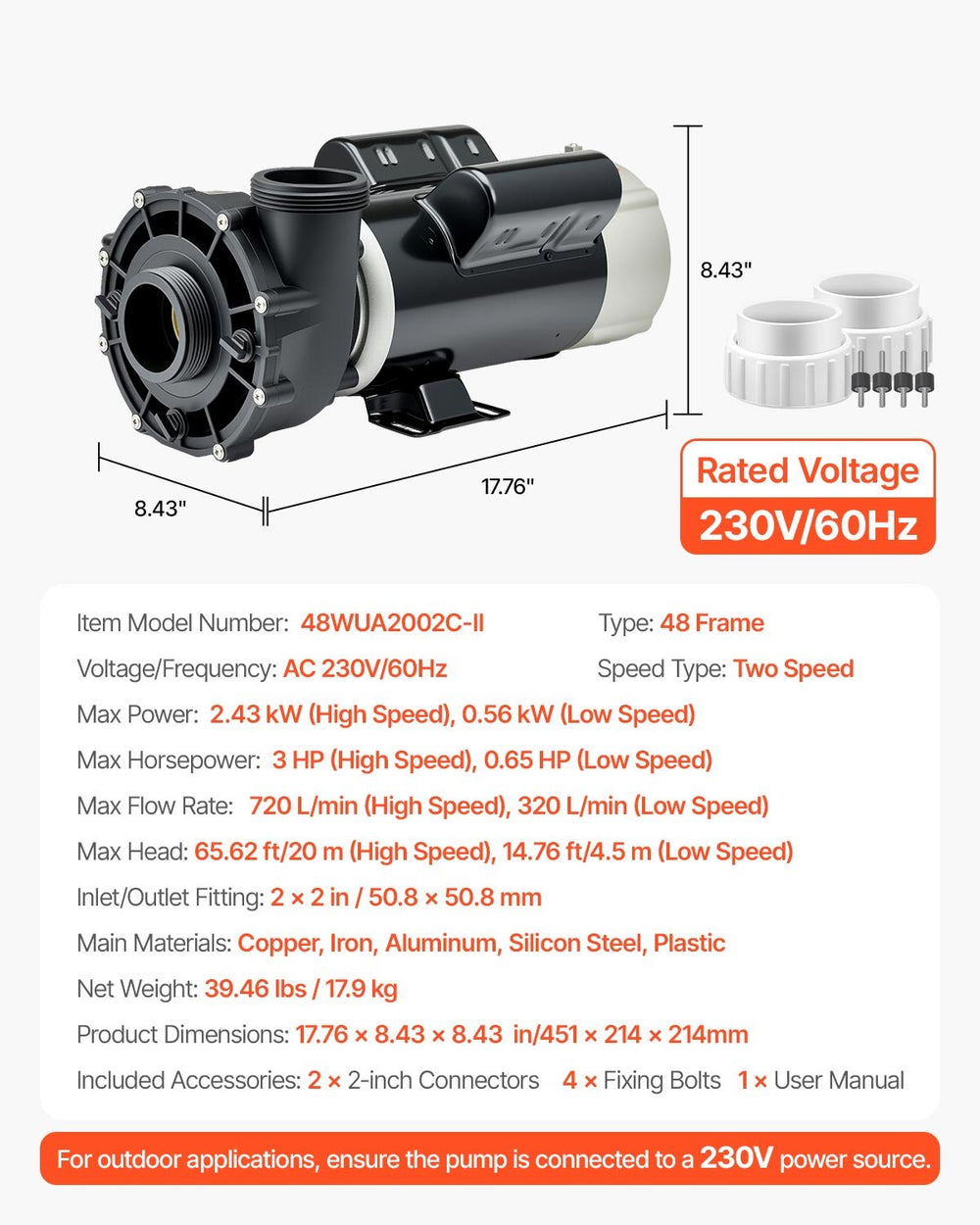VEVOR SPA Pump, 3 HP, 2-Speed Hot Tub Pump with 2-Inch Intake (image 6)