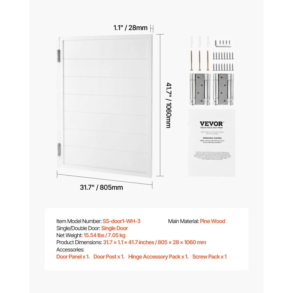 VEVOR Saloon Doors, 32"W x 42" H Single Swinging Cafe Interior Doors, Square Design Premium Pine Wood, with Hinges & Hardware Kit, Easy to Install, for Hallway Kitchen Bar Pub Entrance, White