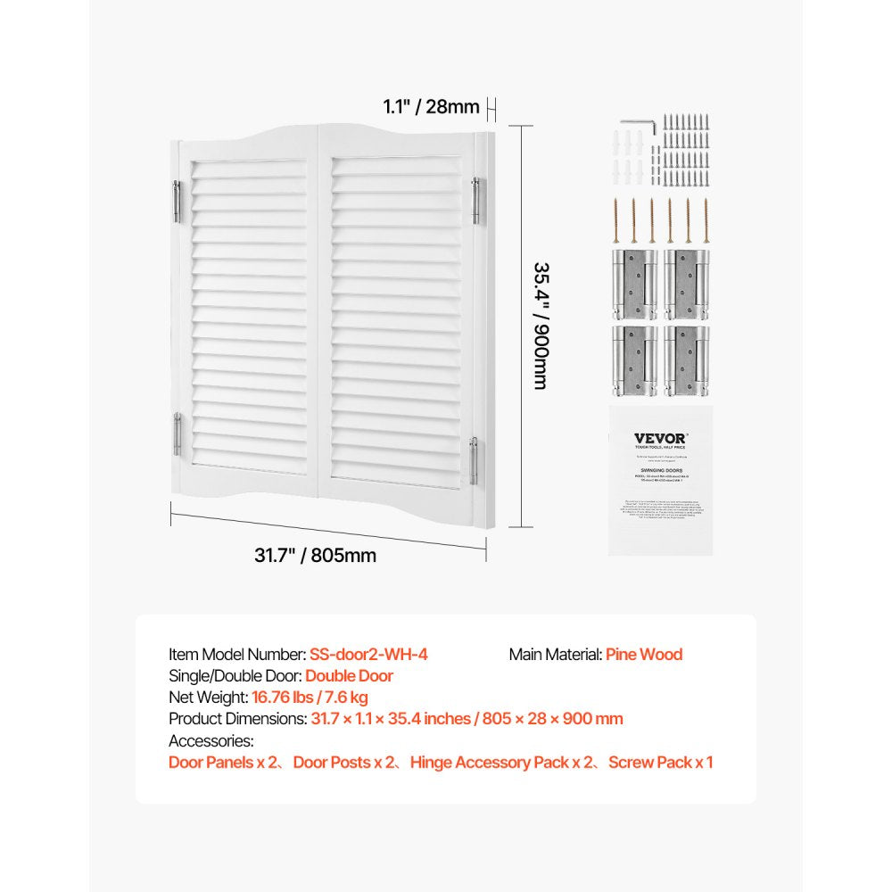 VEVOR Double Saloon Doors, 32"W x 36" H Arched Top Interior Swinging Cafe Doors, Premium Pine Wood, with Hinges & Hardware Kit, Easy to Install, for Hallway Kitchen Bar Pub Entrance, White