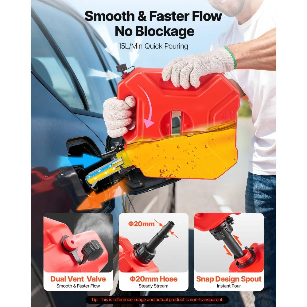 VEVOR Fuel Container, 1.3 Gallon, Gas Can with Spout and Lockable Bracket, 15 L/min Max Flow Rate, Secure & Leak-proof, Portable Flat Fluid Container for Most Cars Motorcycle ATV UTV, Red