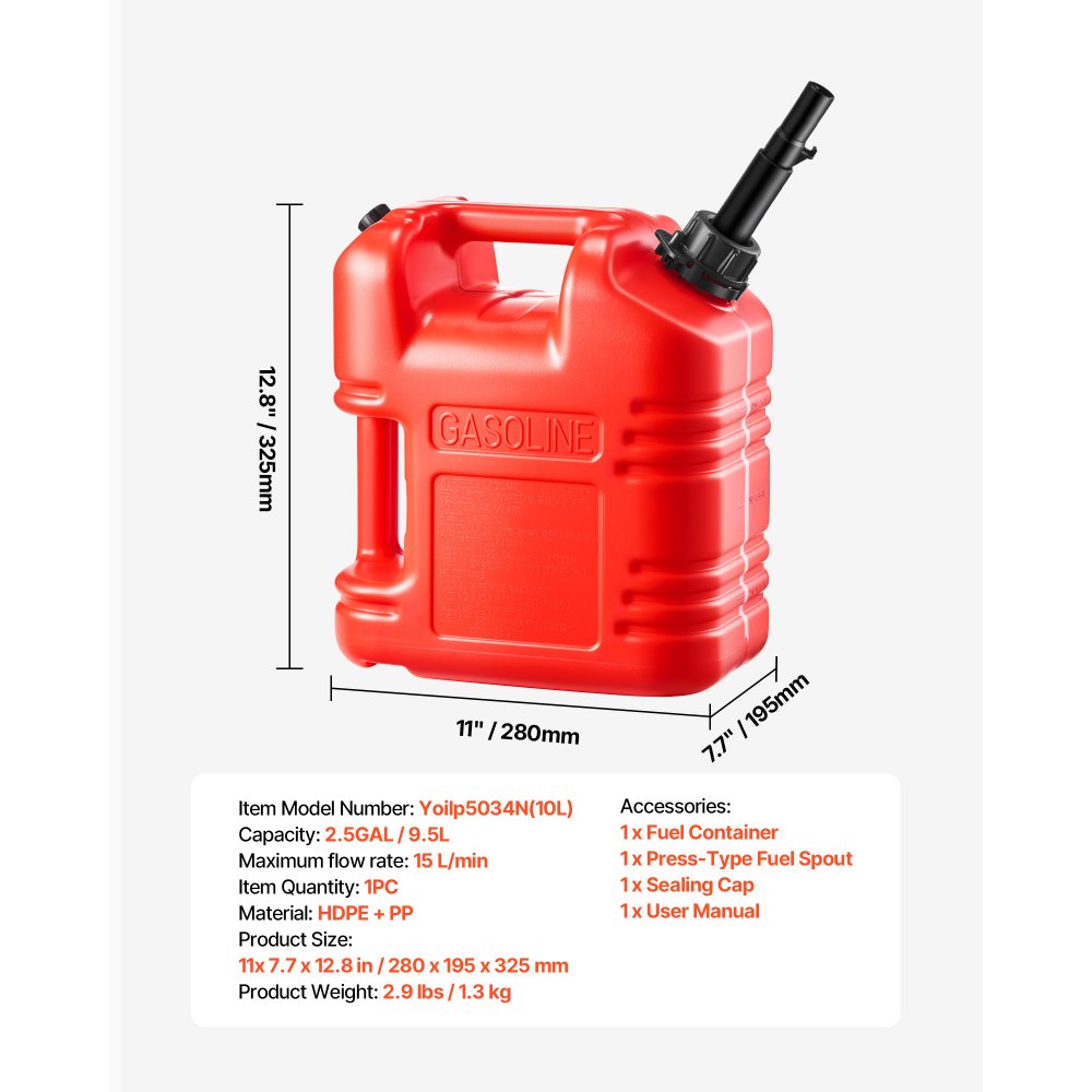 VEVOR Fuel Container, 2.5 Gallon, Gas Tank with Spout & Clear Scale, 15 L/min Max Flow Rate, Secure & Leak-proof, Portable Flat Fluid Container for Most Cars Motorcycle ATV UTV, Red, 1 Pack