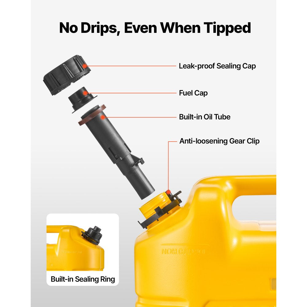 VEVOR Fuel Container, 5 Gallon, Gas Tank with Spout & Clear Scale, 15 L/min Max Flow Rate, Secure & Leak-proof, Portable Flat Fluid Container for Most Cars Motorcycle SUV ATV UTV, Yellow, 1 Pack
