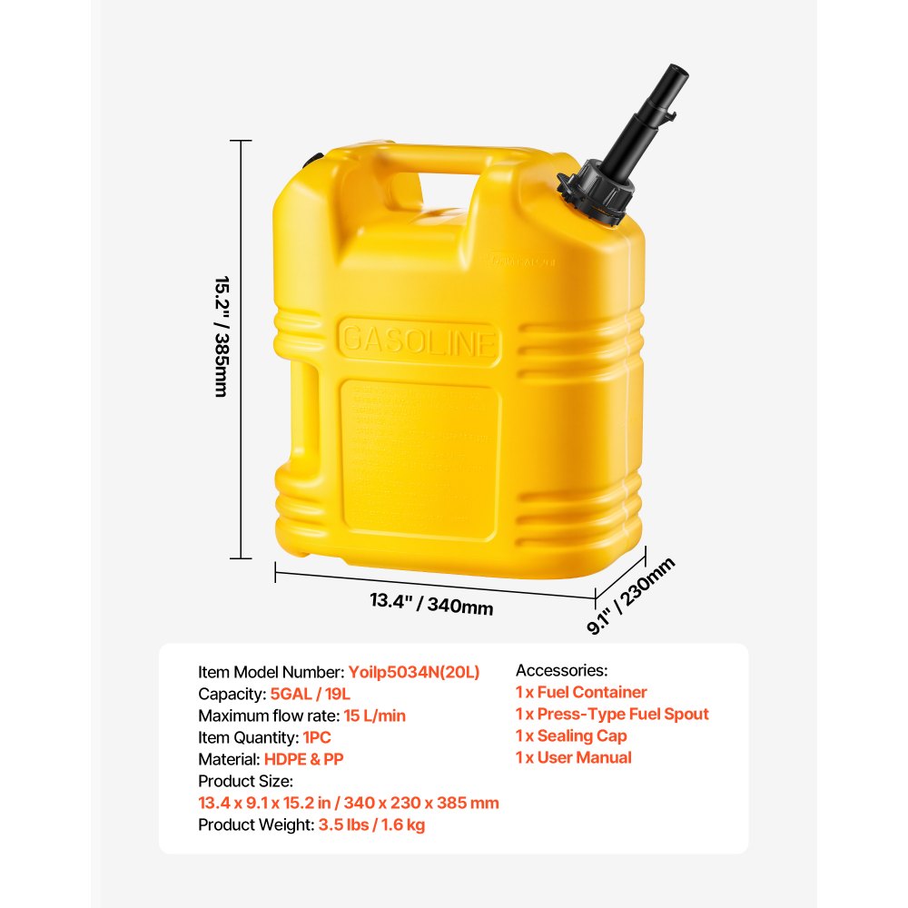 VEVOR Fuel Container, 5 Gallon, Gas Tank with Spout & Clear Scale, 15 L/min Max Flow Rate, Secure & Leak-proof, Portable Flat Fluid Container for Most Cars Motorcycle SUV ATV UTV, Yellow, 1 Pack