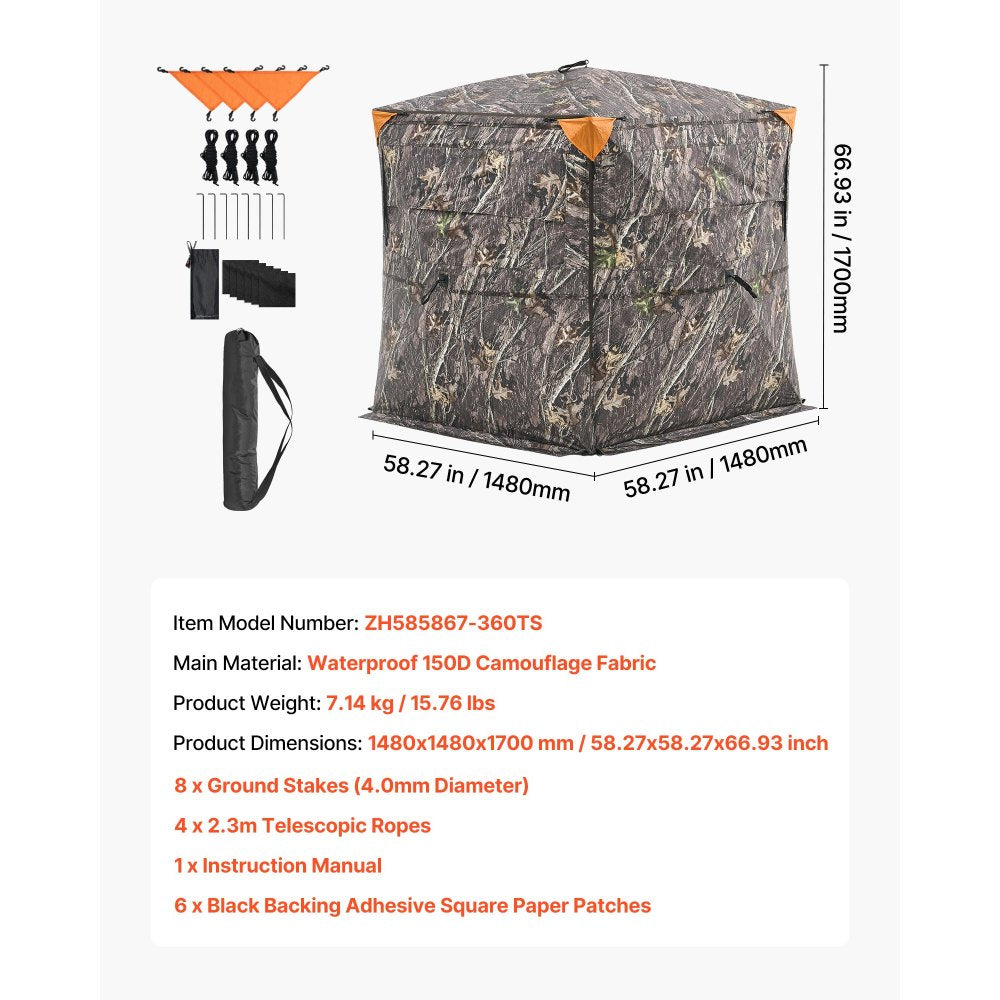 VEVOR Hunting Blind, 2-3 Person See Through Ground Blinds with Carrying Bag, 360 Degree Portable Camouflage Tent, Durable Concealed Shelter with Silent Side Door and Window, for Turkey and Deer