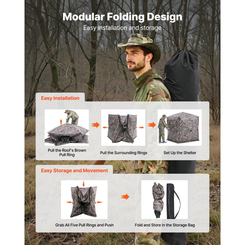 VEVOR Hunting Blind, 6-7 Person Ground Blinds with Carrying Bag, Portable Camouflage Tent, Reinforced Durable Concealed Shelter with Silent Zipper Door and Window, for Turkey and Deer