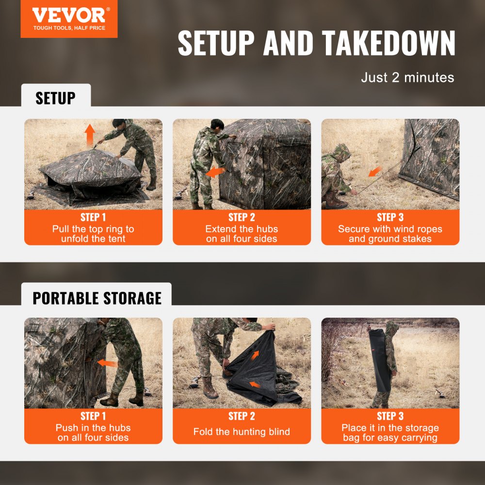 VEVOR Hunting Blind, 288° See Through Ground Blind, 6-7 Person Pop Up Deer Blind for Hunting with Carrying Bag, Portable Resilient Hunting Tent, 4 Horizontal Windows for Turkey and Deer Hunting