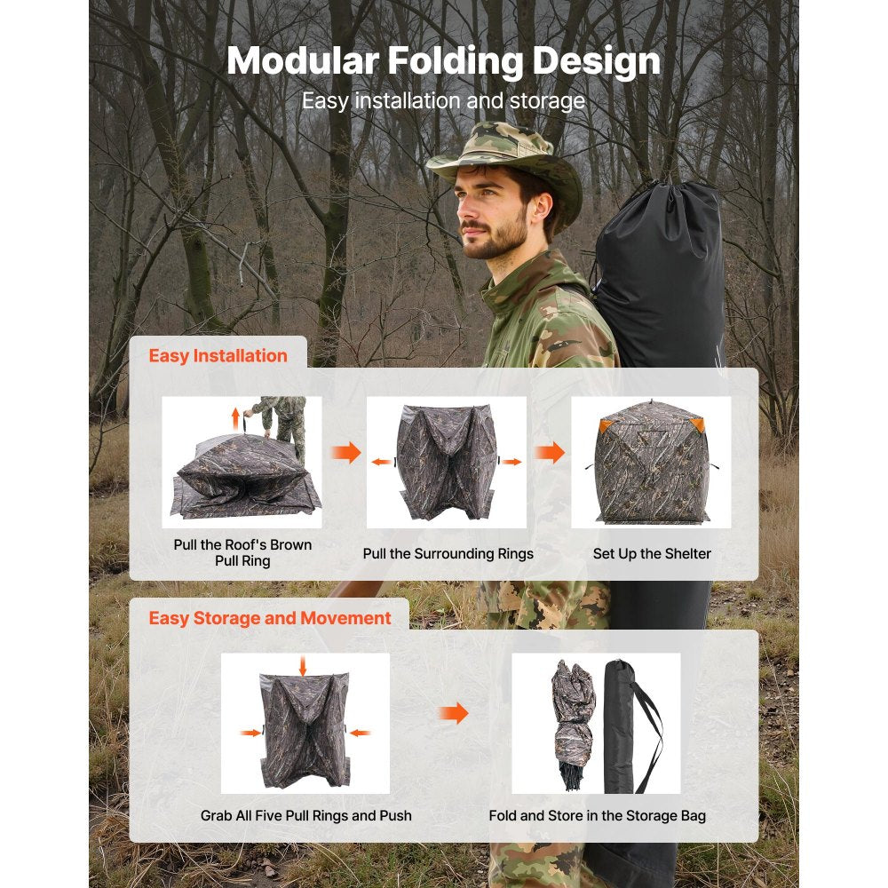 VEVOR Hunting Blind, 270° Ground Blind, 2-3 Person Pop Up Deer Blind for Hunting with Carrying Bag, Portable Resilient Hunting Tent, 3 Horizontal Windows for Turkey and Deer Hunting