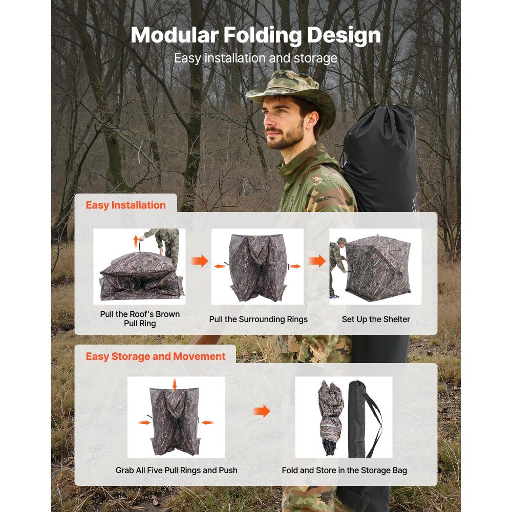 VEVOR Hunting Blind, 270° See Through Ground Blind, 2-3 Person Pop Up Deer Blind for Hunting with Carrying Bag, Portable Resilient Hunting Tent, One-Way See-Through Mesh for Turkey and Deer Hunting
