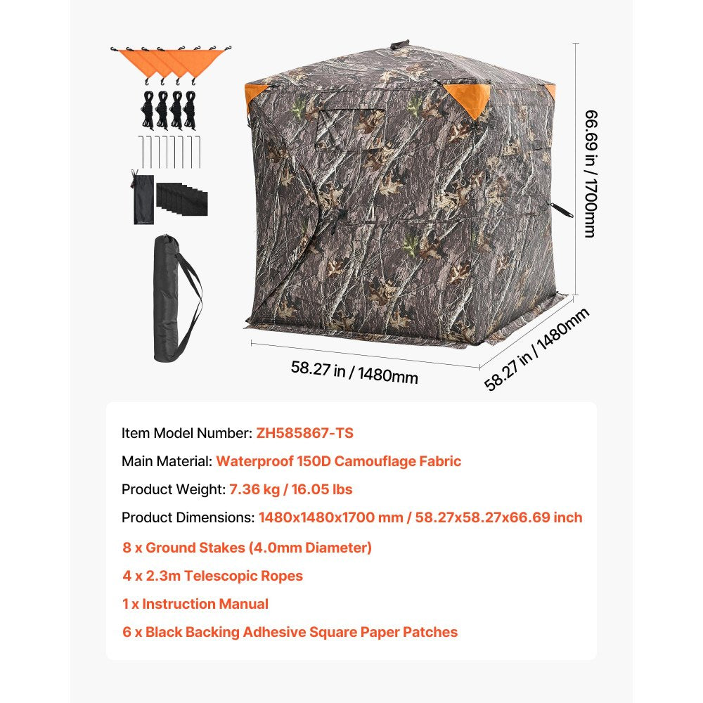 VEVOR Hunting Blind, 270° See Through Ground Blind, 2-3 Person Pop Up Deer Blind for Hunting with Carrying Bag, Portable Resilient Hunting Tent, One-Way See-Through Mesh for Turkey and Deer Hunting