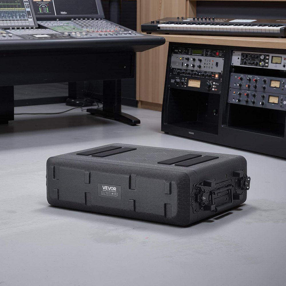 VEVOR 2U Rack Case, 12 in Depth, Rackmount Flight Case Shallow Rack with Microphone Compartment, Polyethylene Construction, Recessed Latches, Easy Installation, for Amplifier, 8.7 in Internal Depth