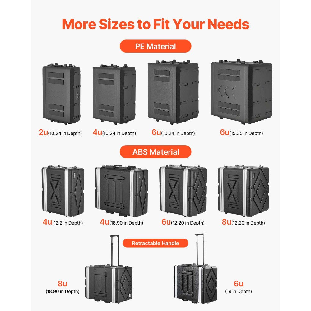 VEVOR 8U Rack Case, 14 in Depth, Server Rack Cabinet Shallow with ABS Construction, Recessed Twist Latches, Detachable Front & Back Cover, Easy Installation, for Amplifier, 11.4 in Internal Depth