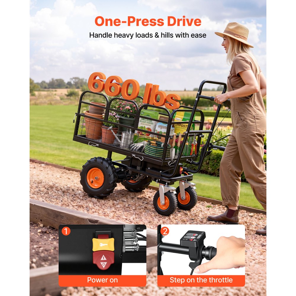 VEVOR Electric Utility Cart, 36V 432Wh Battery Powered Electric Wagon, 500W Power Wheelbarrow with Brake, 660 lbs Load Heavy Duty Steel Garden Cart for Farm and Yard All Purpose Modular Cargo Bed
