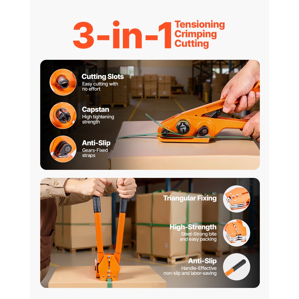 VEVOR Banding Strapping Kit, Heavy Duty Banding Sealer Tool with 1000 ft Length PET Band, 300 Metal Seals, Plastic Manual Pallet Packaging Strapping Kit for Warehouse/Shipping/Moving/Home, Orange