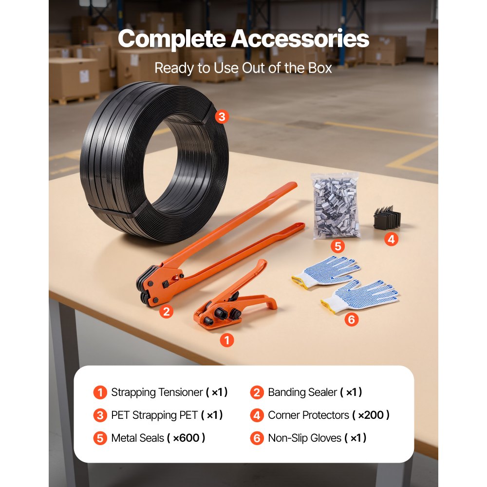 VEVOR Banding Strapping Kit, Heavy Duty Banding Sealer Tool with 2000 ft PET Band, 600 Metal Seals, 200 Corner Protectors, Plastic Pallet Packaging Strapping Kit for Warehouse, Transportation, Home