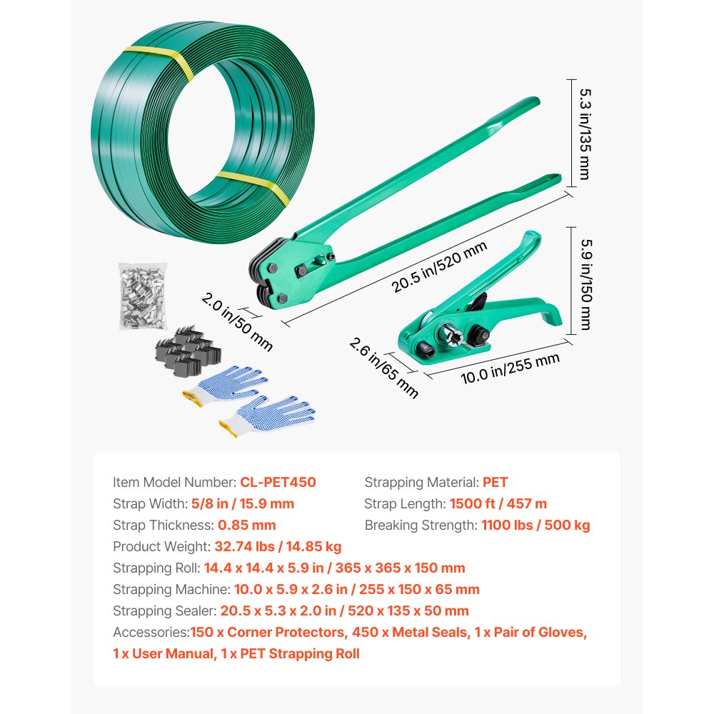 VEVOR Banding Strapping Kit, Heavy Duty Banding Sealer Tool with 1500 ft PET Band, 450 Metal Seals, 150 Corner Protectors & Gloves, Plastic Pallet Packaging Strapping Kit for Warehouse/Shipping/Moving
