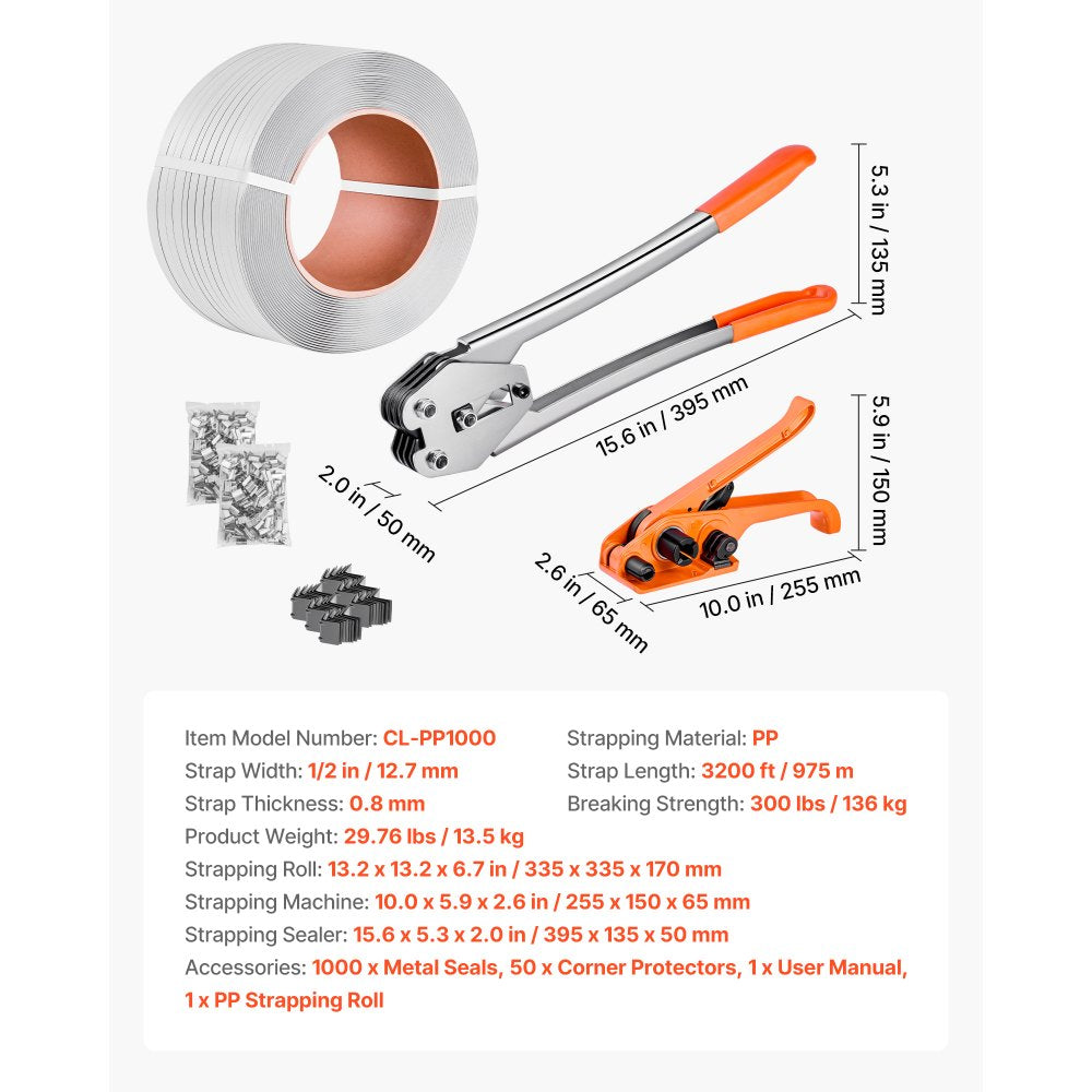VEVOR Banding Strapping Kit, Heavy Duty Banding Sealer Tool with 3200 ft Length PP Band, 1000 Metal Seals, 50 Corner Protectors, Plastic Pallet Packaging Strapping Kit for Warehouse/Shipping/Moving