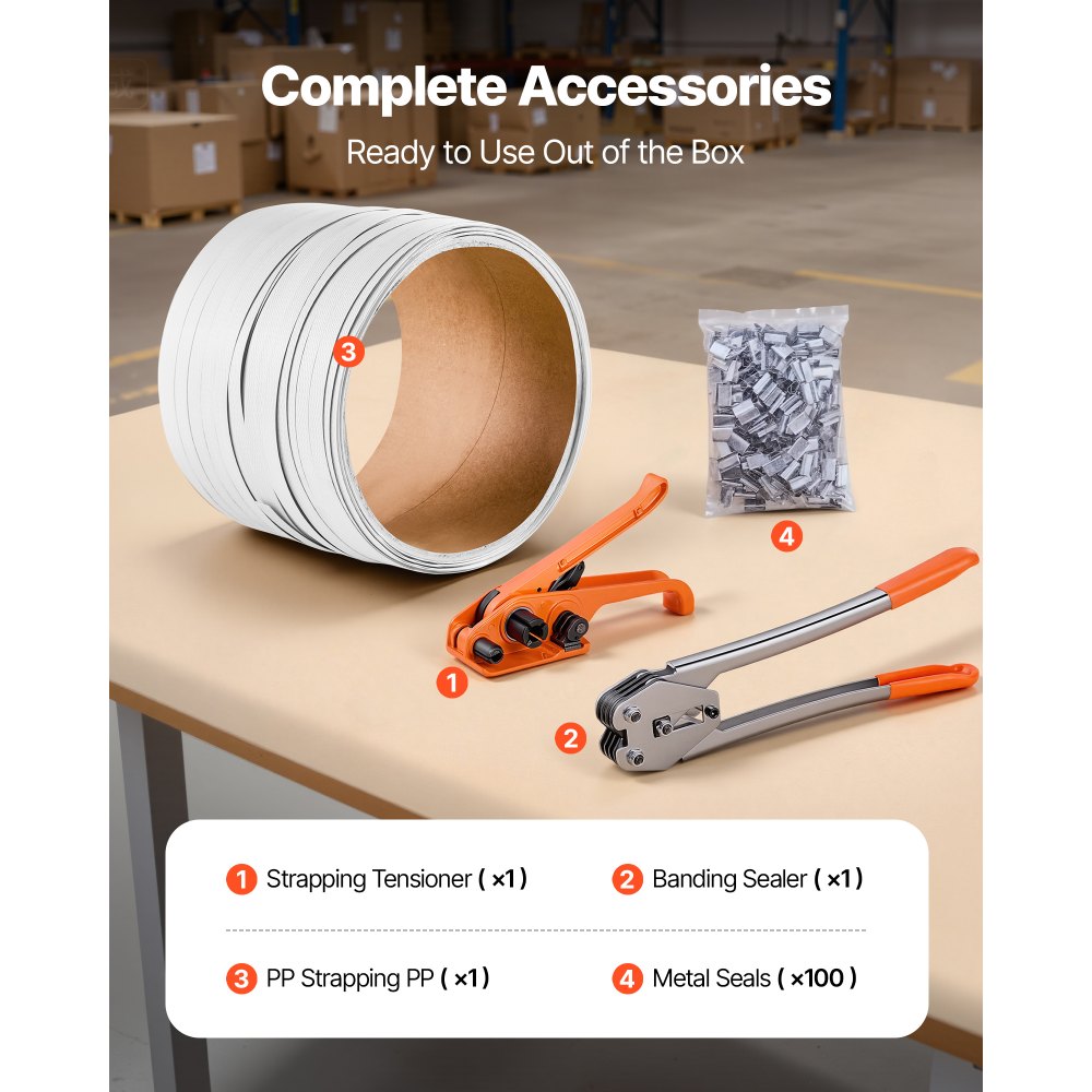 VEVOR Banding Strapping Kit, Heavy Duty Banding Sealer Tool with 330 ft Length PP Band, 100 Metal Seals, Plastic Manual Pallet Packaging Strapping Kit for Warehouse/Shipping/Moving/Home, Orange