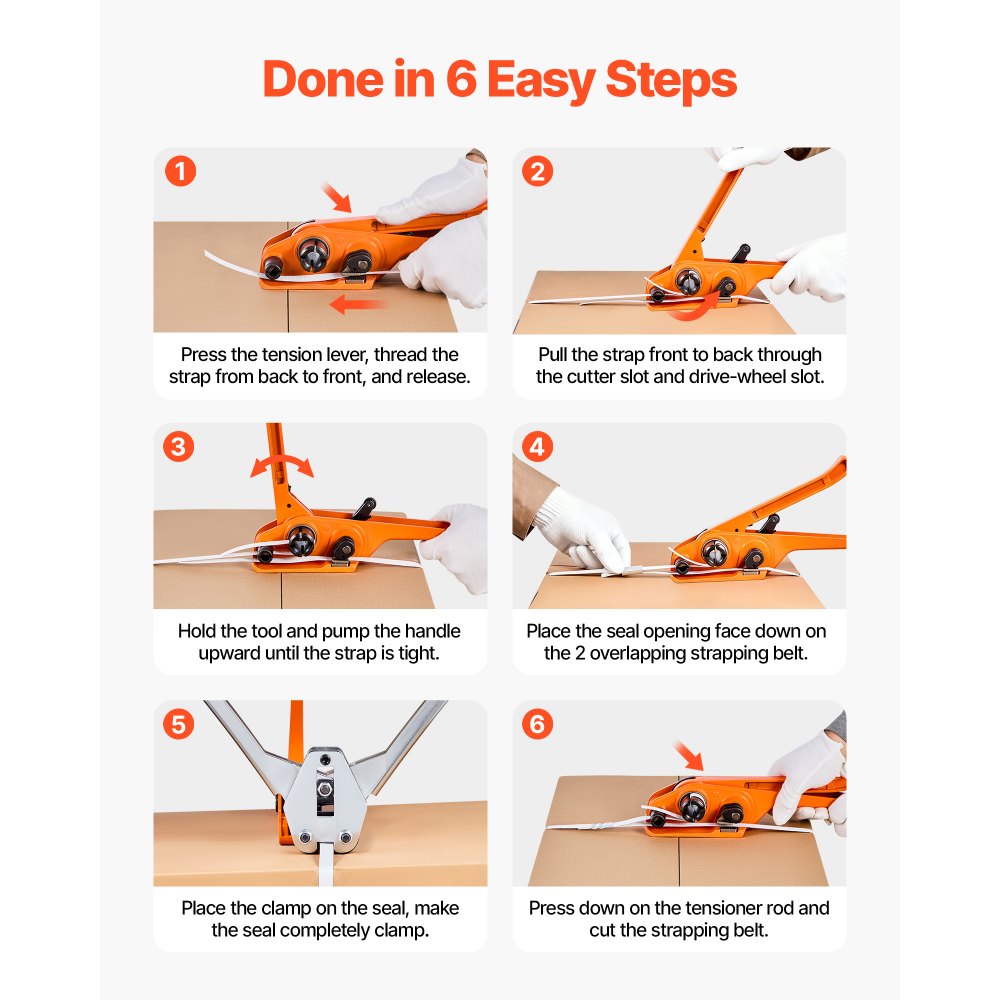 VEVOR Banding Strapping Kit, Heavy Duty Banding Sealer Tool with 330 ft Length PP Band, 100 Metal Seals, Plastic Manual Pallet Packaging Strapping Kit for Warehouse/Shipping/Moving/Home, Orange