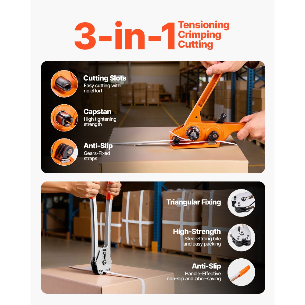 VEVOR Banding Strapping Kit, Heavy Duty Banding Sealer Tool with 330 ft Length PP Band, 100 Metal Seals, Plastic Manual Pallet Packaging Strapping Kit for Warehouse/Shipping/Moving/Home, Orange