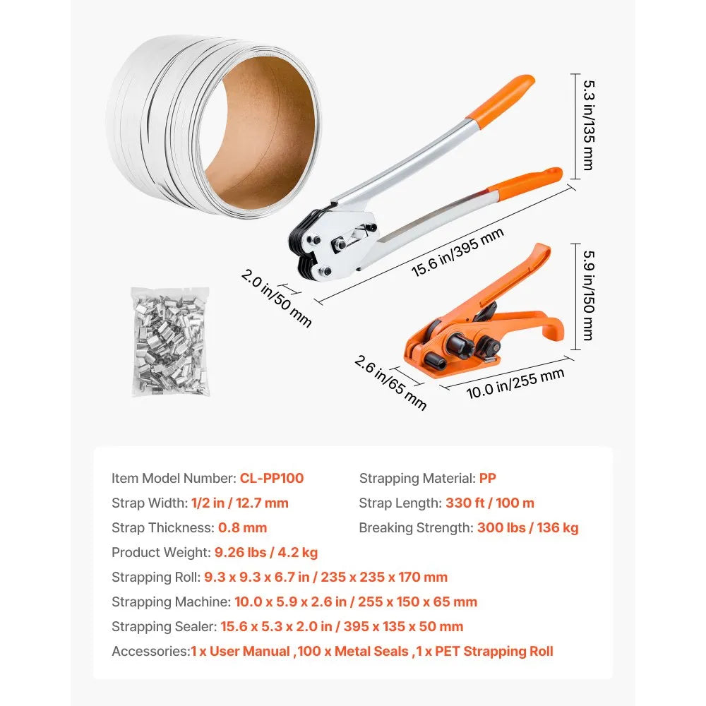 VEVOR Banding Strapping Kit, Heavy Duty Banding Sealer Tool with 330 ft Length PP Band, 100 Metal Seals, Plastic Manual Pallet Packaging Strapping Kit for Warehouse/Shipping/Moving/Home, Orange