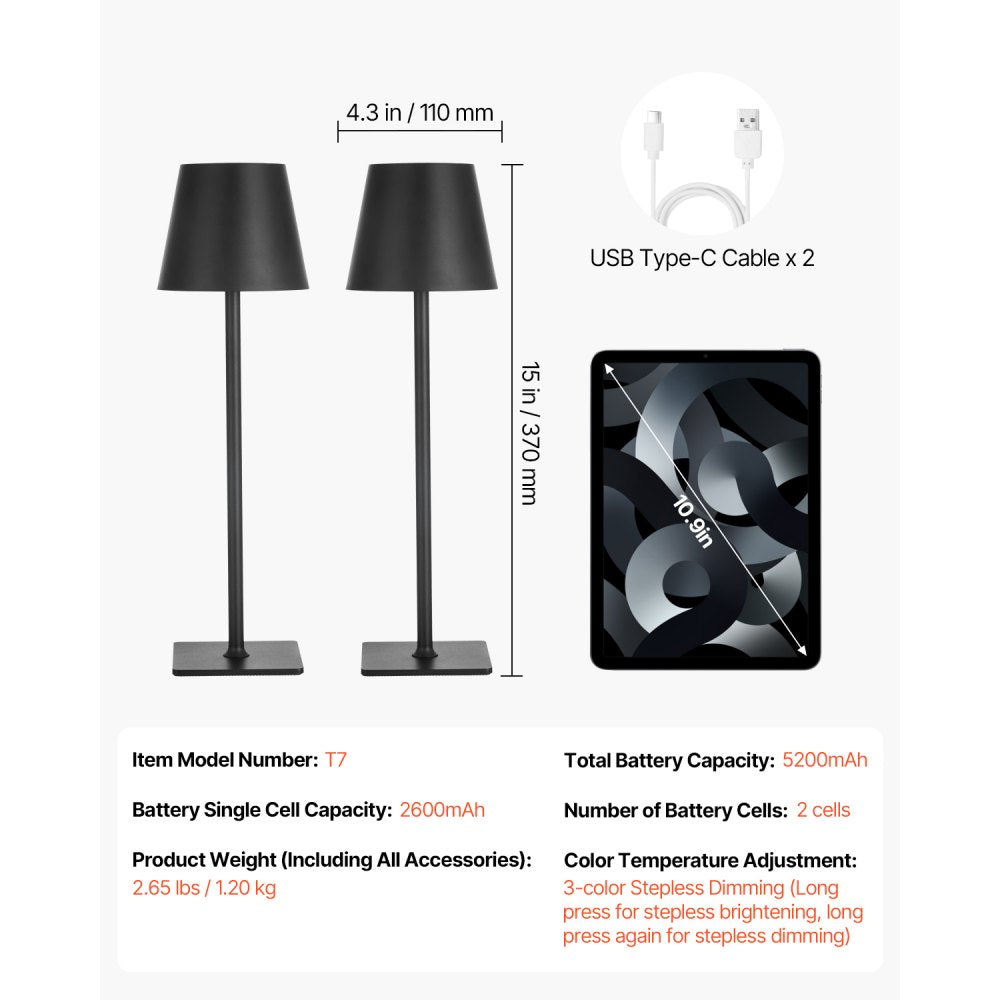 VEVOR Cordless Table Lamp, 2-Pack, 5200mAh Built-in Rechargeable Battery Desk Lamp, 3 Color Stepless Dimming Up, 3000-6500K Color Temperature, Table Light for Restaurant, Bedroom, Outdoor, Black