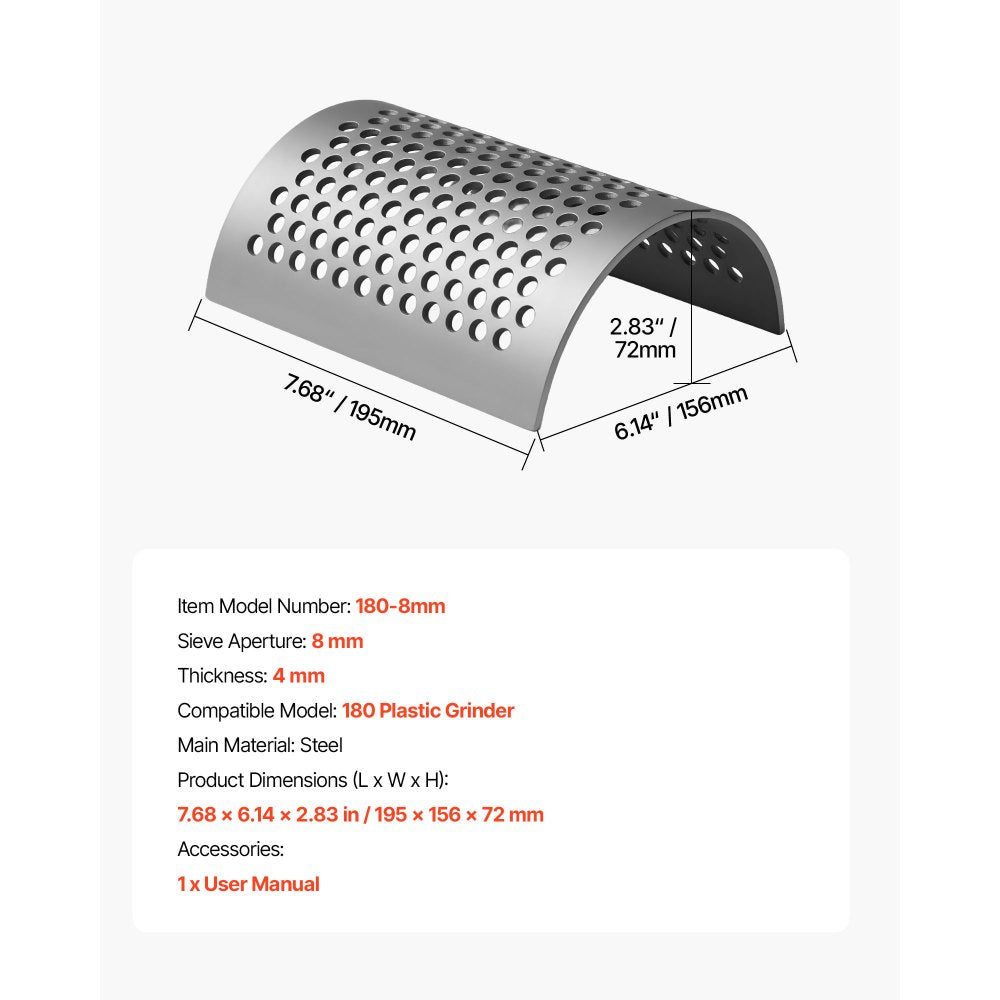 VEVOR Screen Mesh for Plastic Shredder, High-Quality Steel Durable Mesh, 0.315 in/8 mm High-Precision Aperture Screen, Compatible with Model 180 Plastic Grinder, Suitable for Small Particle Recycling