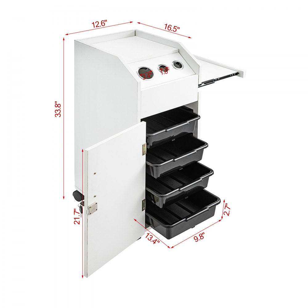VEVOR Salon SPA Beauty Hairdressing Cart White Storage Trolley with 4 Drawers Rolling Wheels Lockable 2 Keys with Hairdryer Holder Space-Saving Side Tray
