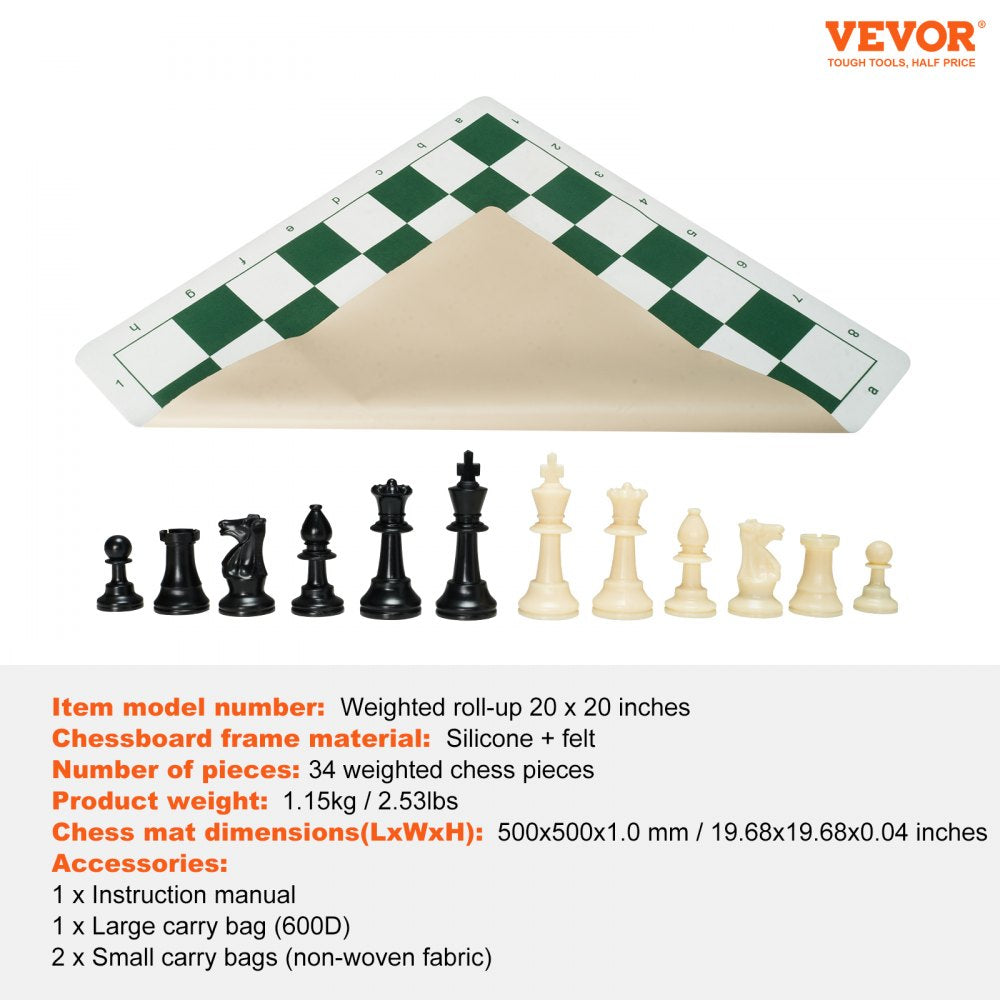 VEVOR Tournament Chess Set, 20 Inch Roll-Up Beginner Chess Board, Foldable Silicone Chess Game with Plastic Weighted Chess Pieces & Storage Bag, Portable Travel Chess Board Gift for Adult Kid Family