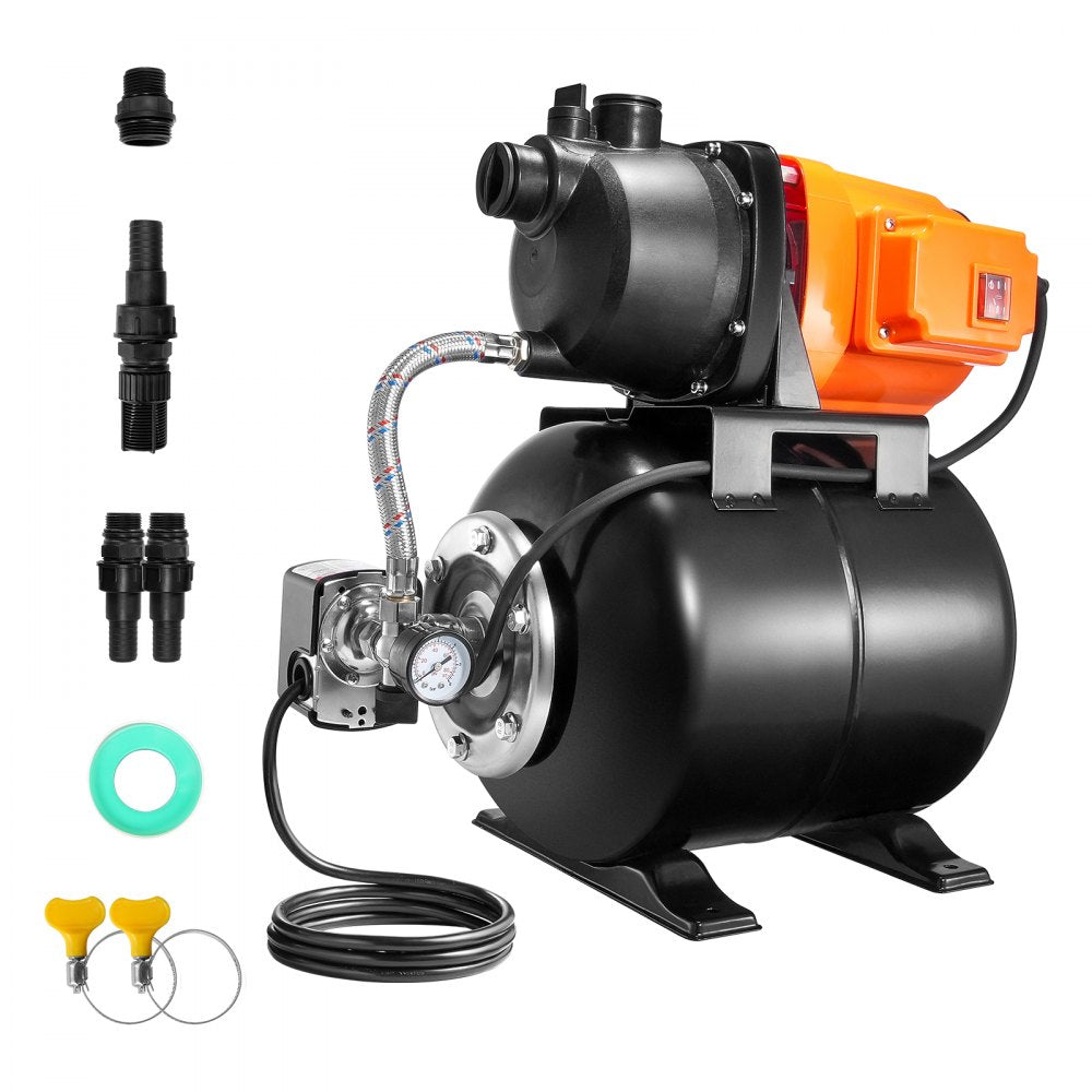 VEVOR 1 HP Shallow Well Pump with Pressure Tank, 1000 GPH/3700 L/H, Automatic Irrigation Water Booster Pump with 164 ft Lift 20/40 PSI Pressure Switch, Thermoplastic Pump Head for Home Garden Lawn