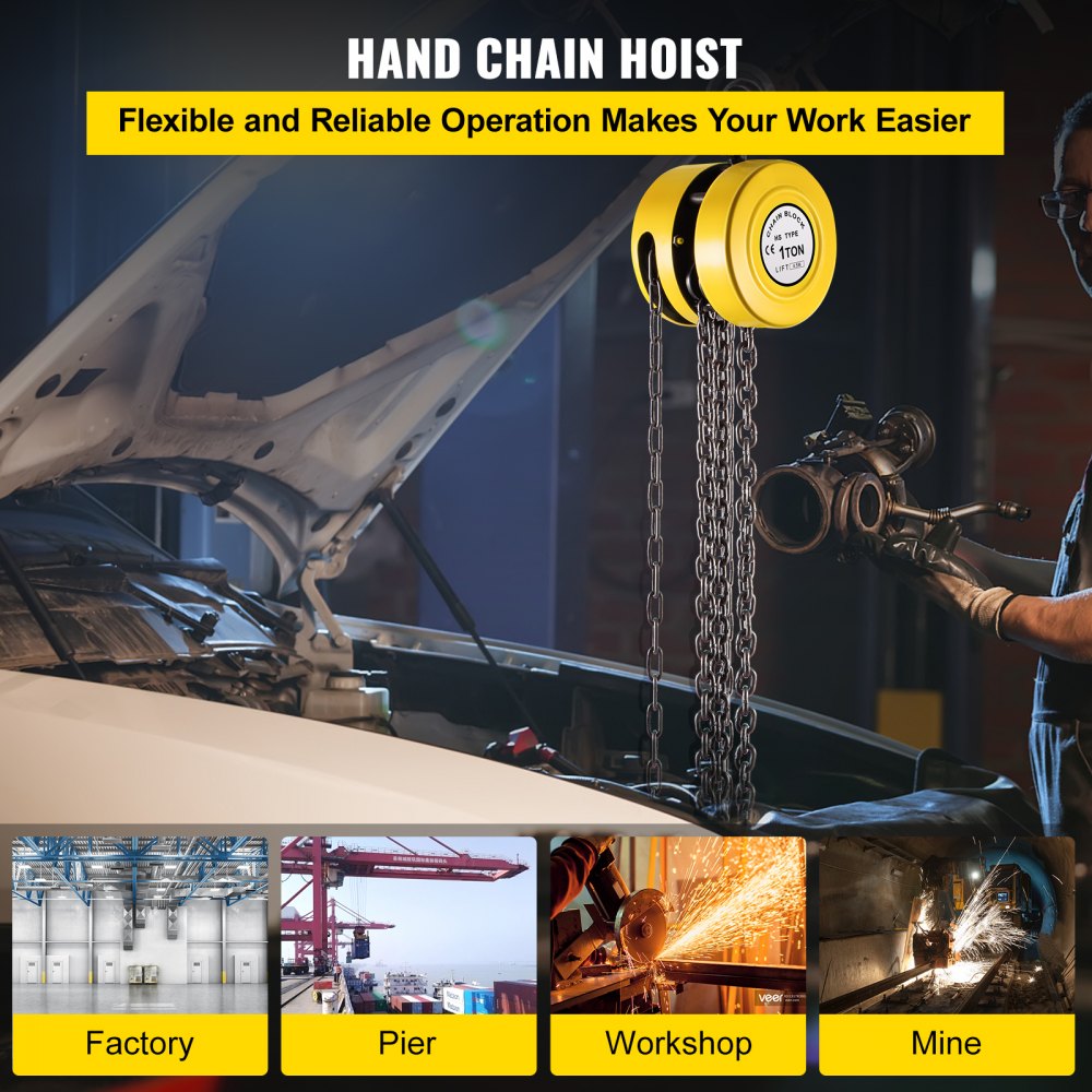 VEVOR Hand Chain Hoist, 2200 lbs /1 Ton Capacity Chain Block, 15ft/4.5m Lift Manual Hand Chain Block, Manual Hoist with Industrial-Grade Steel Construction for Lifting Good in Transport & Workshop, Ye