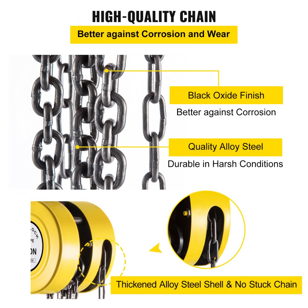 VEVOR Hand Chain Hoist, 2200 lbs /1 Ton Capacity Chain Block, 15ft/4.5m Lift Manual Hand Chain Block, Manual Hoist with Industrial-Grade Steel Construction for Lifting Good in Transport & Workshop, Ye