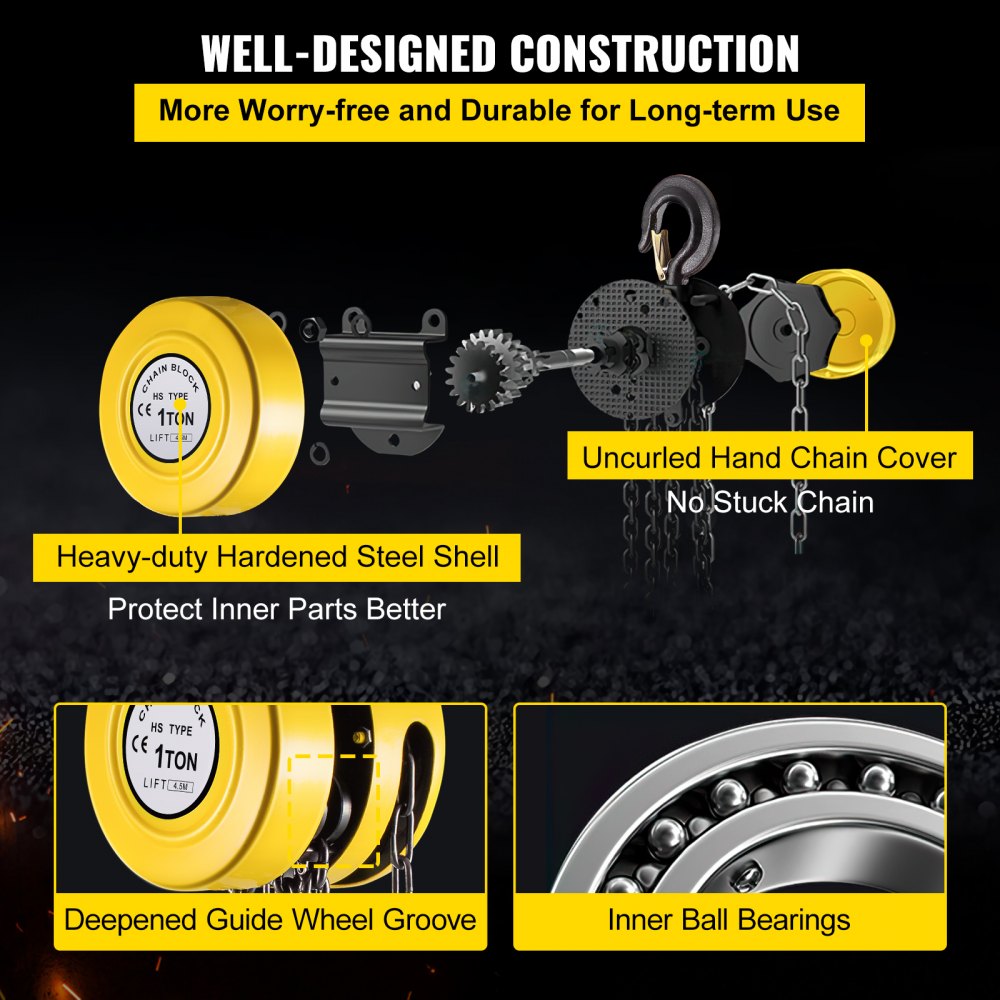 VEVOR Hand Chain Hoist, 2200 lbs /1 Ton Capacity Chain Block, 15ft/4.5m Lift Manual Hand Chain Block, Manual Hoist with Industrial-Grade Steel Construction for Lifting Good in Transport & Workshop, Ye
