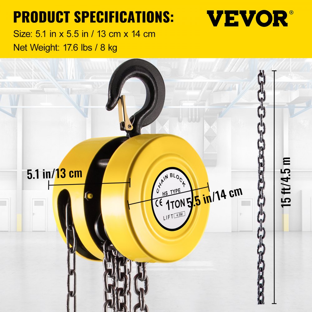 VEVOR Hand Chain Hoist, 2200 lbs /1 Ton Capacity Chain Block, 15ft/4.5m Lift Manual Hand Chain Block, Manual Hoist with Industrial-Grade Steel Construction for Lifting Good in Transport & Workshop, Ye