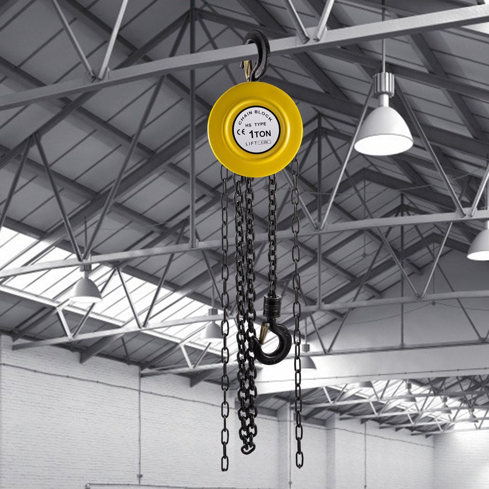 VEVOR Hand Chain Hoist, 2200 lbs /1 Ton Capacity Chain Block, 15ft/4.5m Lift Manual Hand Chain Block, Manual Hoist with Industrial-Grade Steel Construction for Lifting Good in Transport & Workshop, Ye